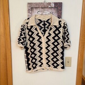 Ultra Pink Crochet Short-Sleeve Cardigan Sweater - Black & Cream